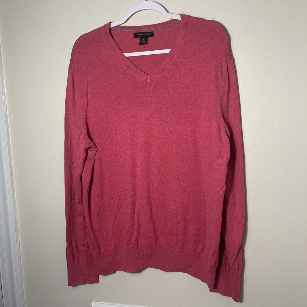 Banana Republic Sweater‎ Mens Large Pink Luxury Blend Silk Cashmere V-Neck